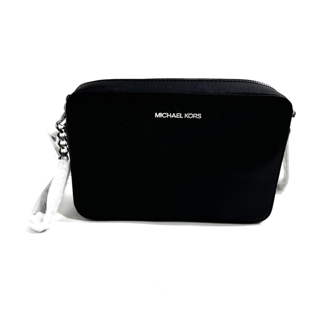 Michael Michael Kors Jet Set Large Saffiano Leather Crossbody Bag Black Silver